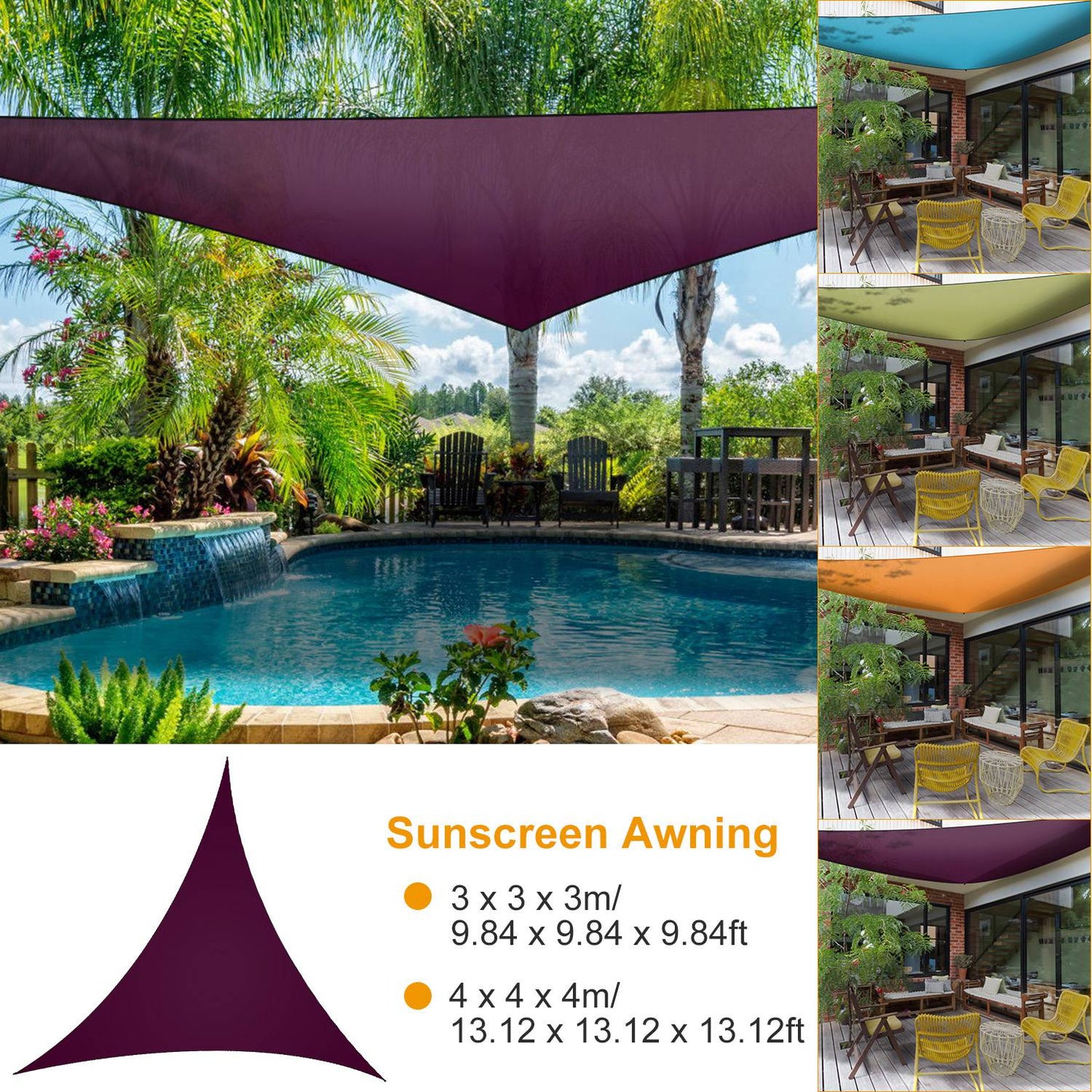 GemGear shade sail triangle canopy in purple over a poolside patio with tropical plants on Tampa Home & Garden Store