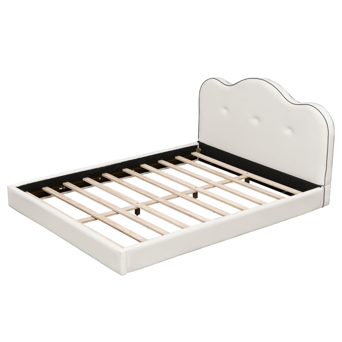Upholstered platform bed with white tufted headboard and dark piping, wooden slat base on Tampa Home & Garden Store