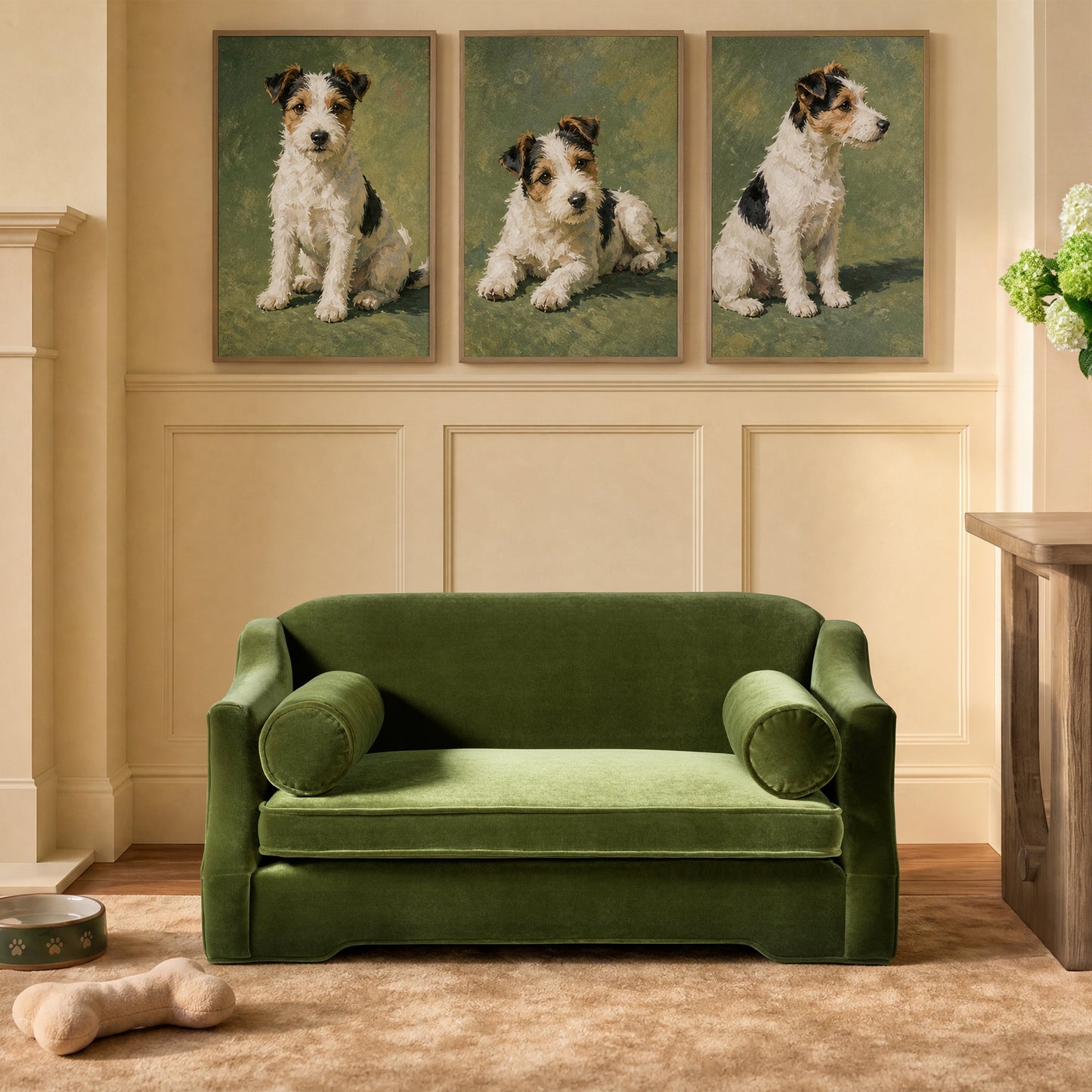 Paloma 35.5" Dog Sofa Bed Olive, medium green velvet pet bed for dogs in living room on Tampa Home & Garden Store
