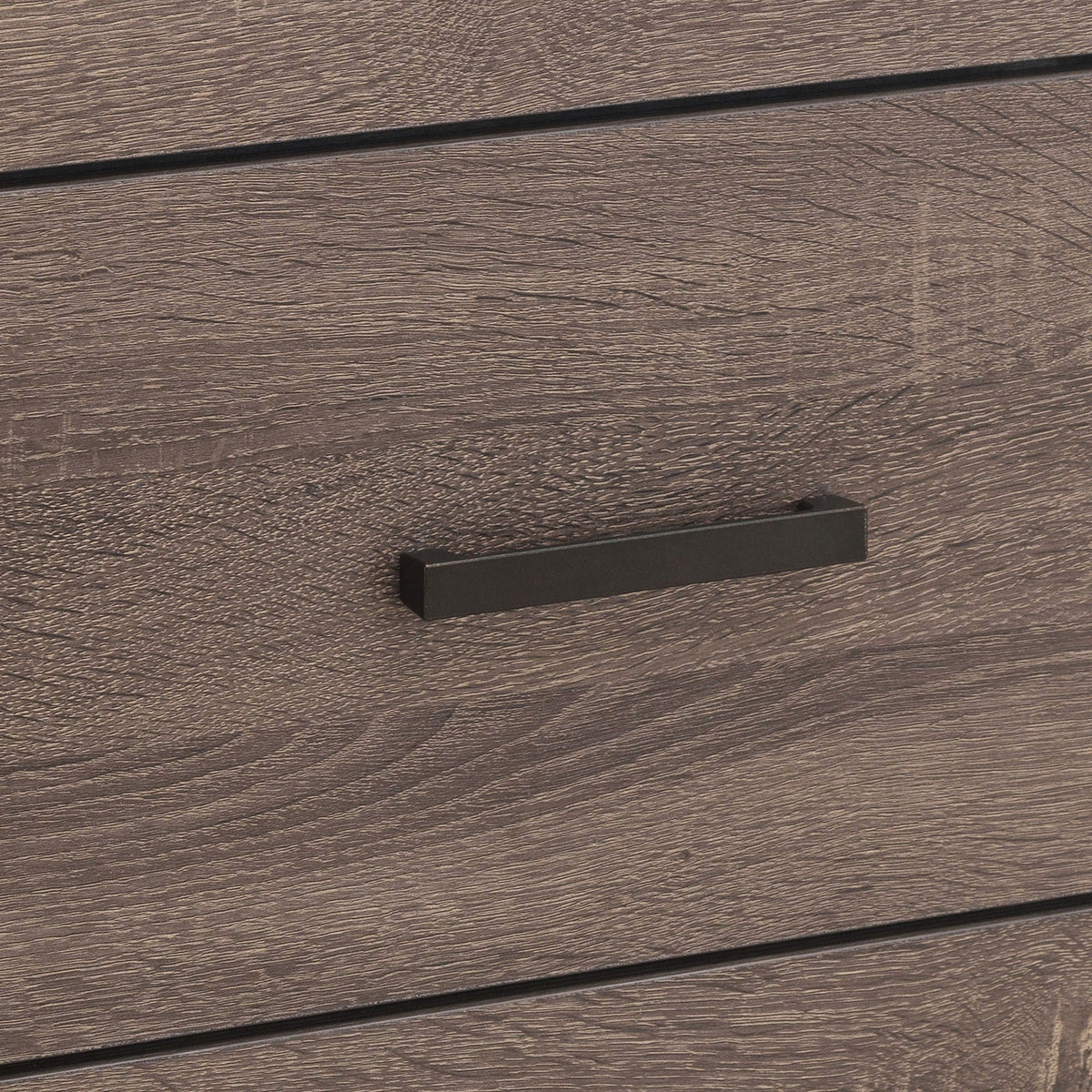 Sherwood platform bed wood veneer in dark brown with black metal rail close-up on Tampa Home & Garden Store