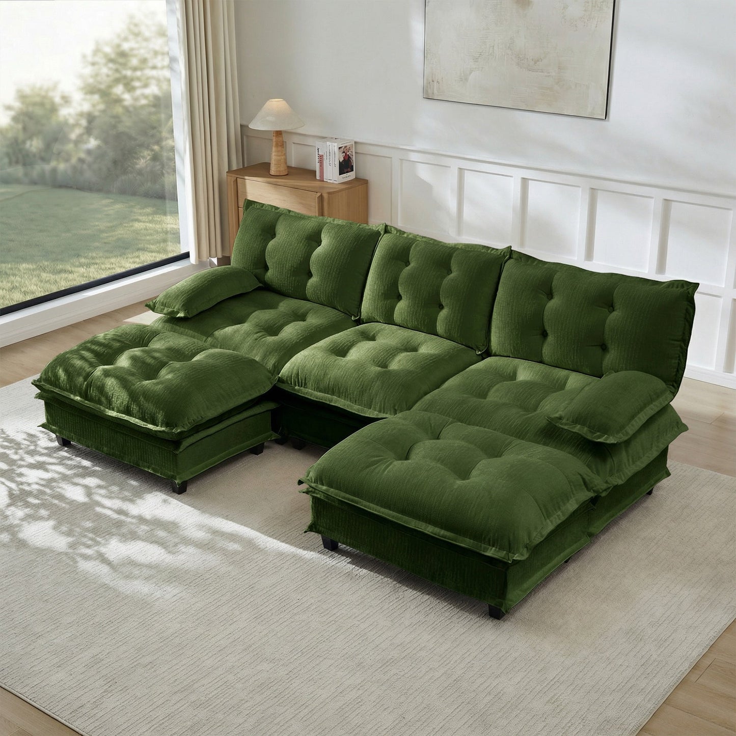 107in U-shaped modern sofa modular sectional with ottomans emerald green velvet tufted cushions on Tampa Home & Garden Store