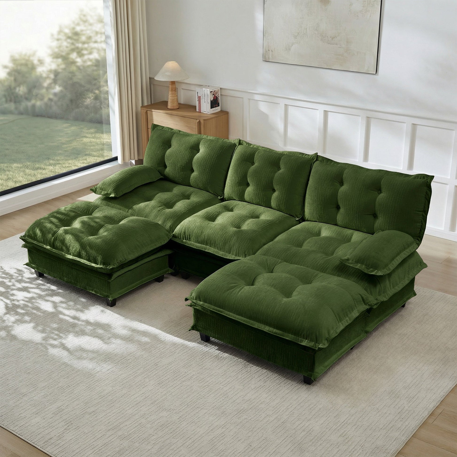 107in U-shaped modern sofa modular sectional with ottomans emerald green velvet tufted cushions on Tampa Home & Garden Store