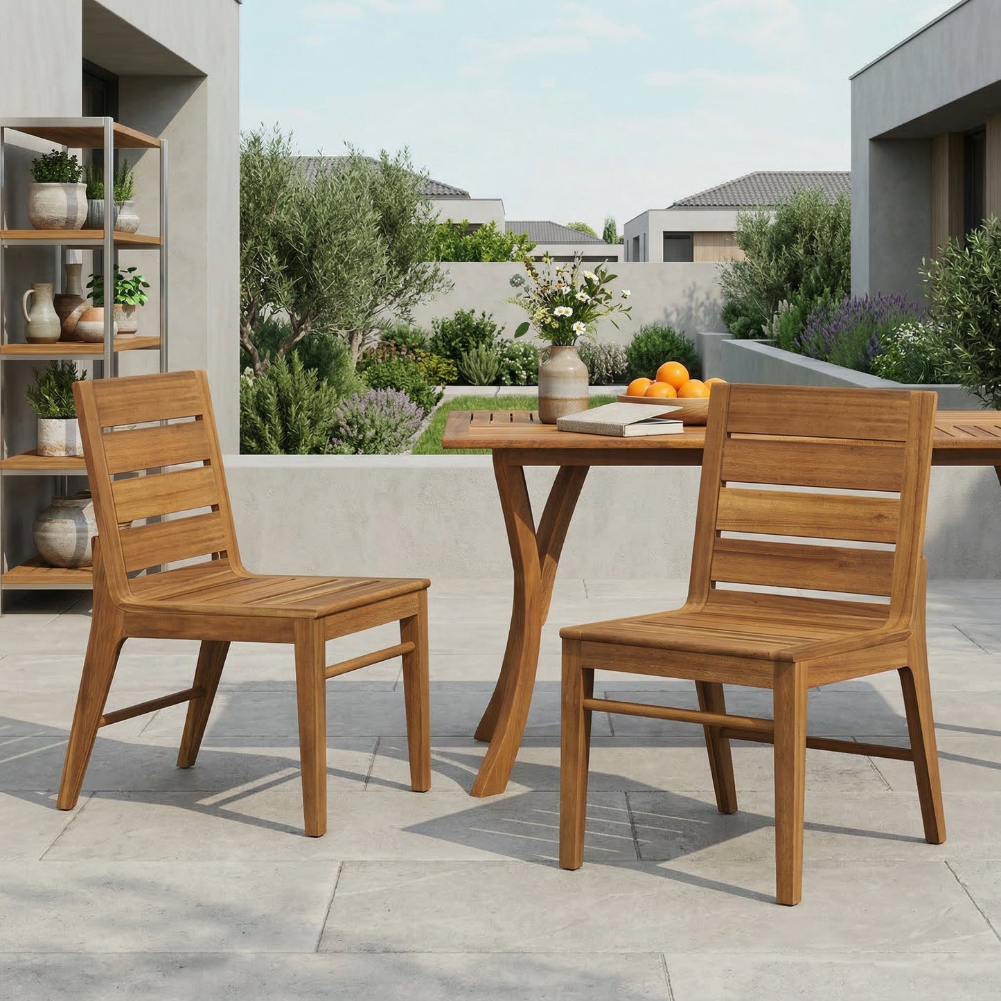 Outdoor Acacia Wood Dining Chair set of 2 by HouseOfZazla, warm brown wood with slatted back on Tampa Home & Garden Store