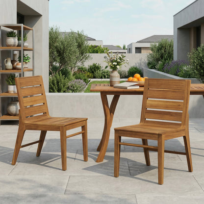 Outdoor Acacia Wood Dining Chair set of 2 by HouseOfZazla, warm brown wood with slatted back on Tampa Home & Garden Store