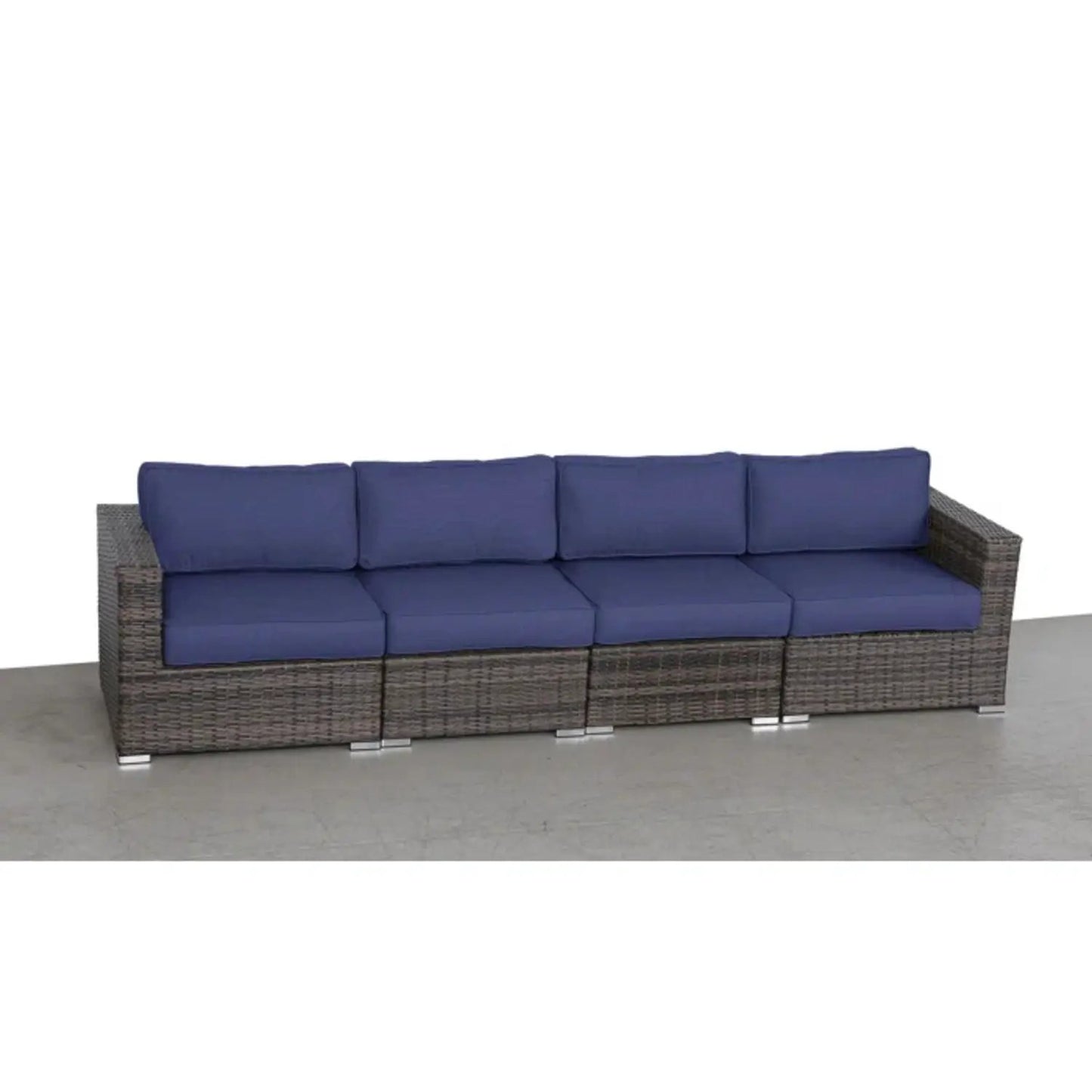 Luxurious wicker patio sectional with navy Sunbrella cushions, four-seat arrangement on Tampa Home & Garden Store