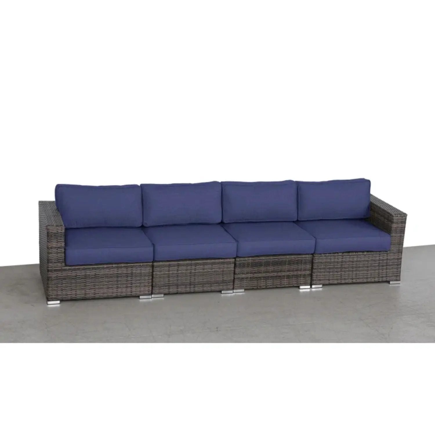 Luxurious wicker patio sectional with navy Sunbrella cushions, four-seat arrangement on Tampa Home & Garden Store