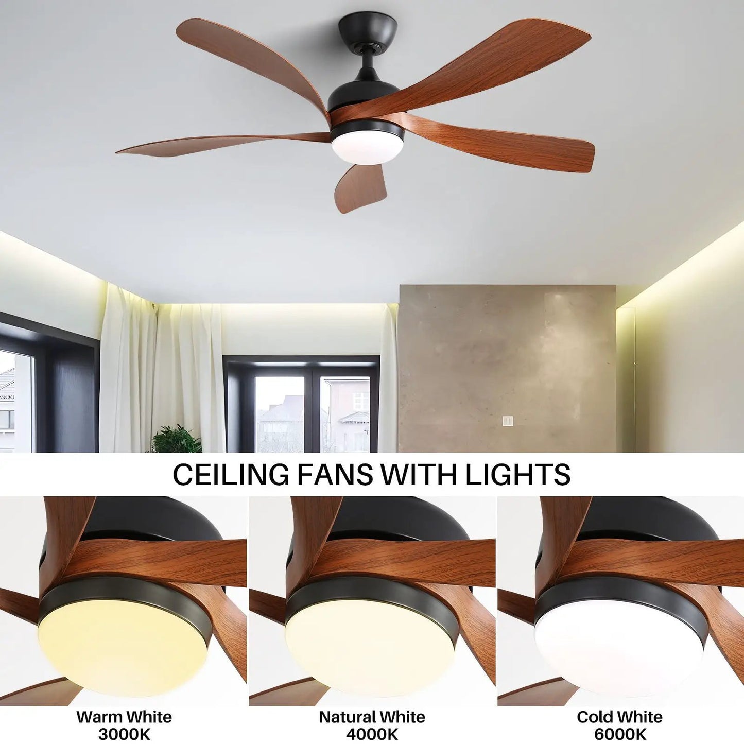 Ceiling fan with integrated light, DC motor, five walnut wood blades by Unique Piece Furniture on Tampa Home & Garden Store