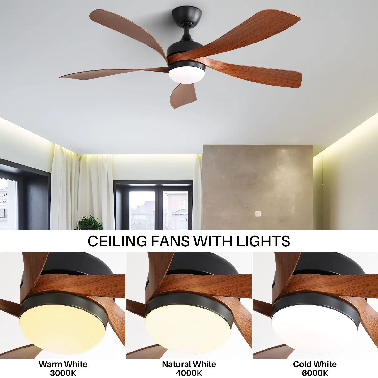 Ceiling fan with integrated light, DC motor, five walnut wood blades by Unique Piece Furniture on Tampa Home & Garden Store