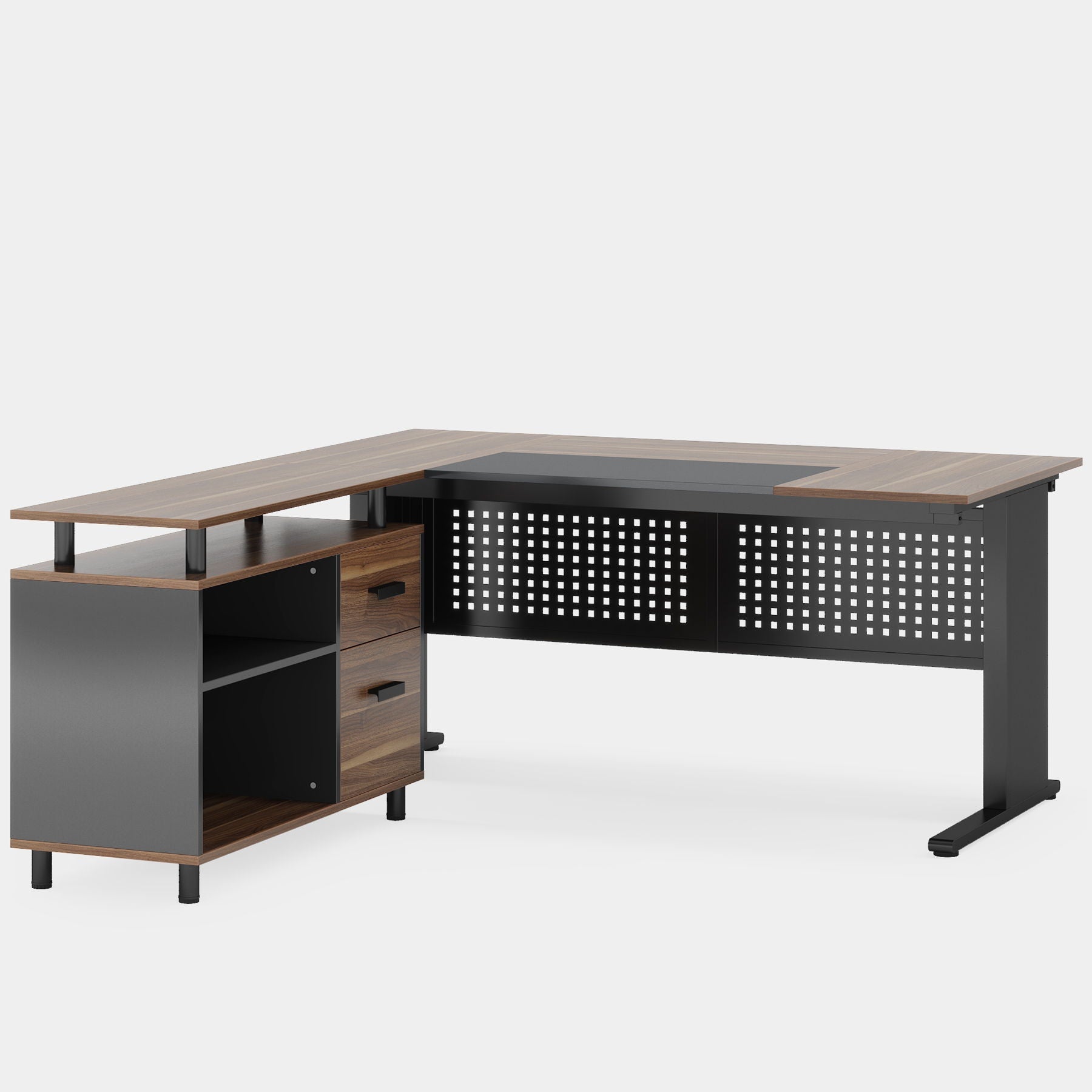 L-Shaped Executive Desk with File Cabinet and Drawers, wood top, black frame on Tampa Home & Garden Store