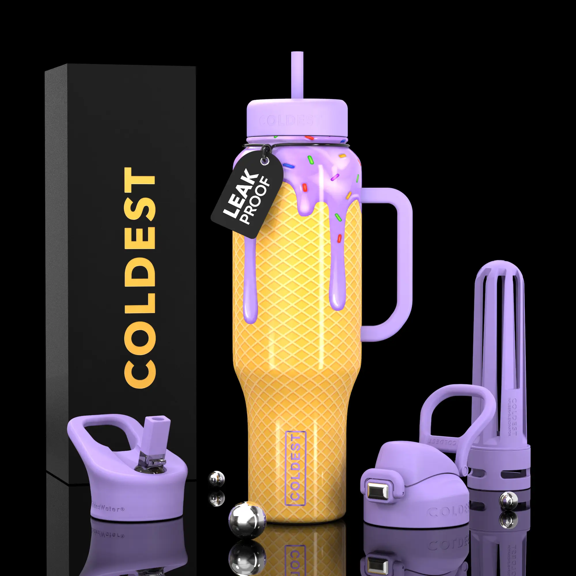 Coldest 46oz Limitless Ultra v8 lavender water bottle with leak-proof ice cream sprinkle design on Tampa Home & Garden Store