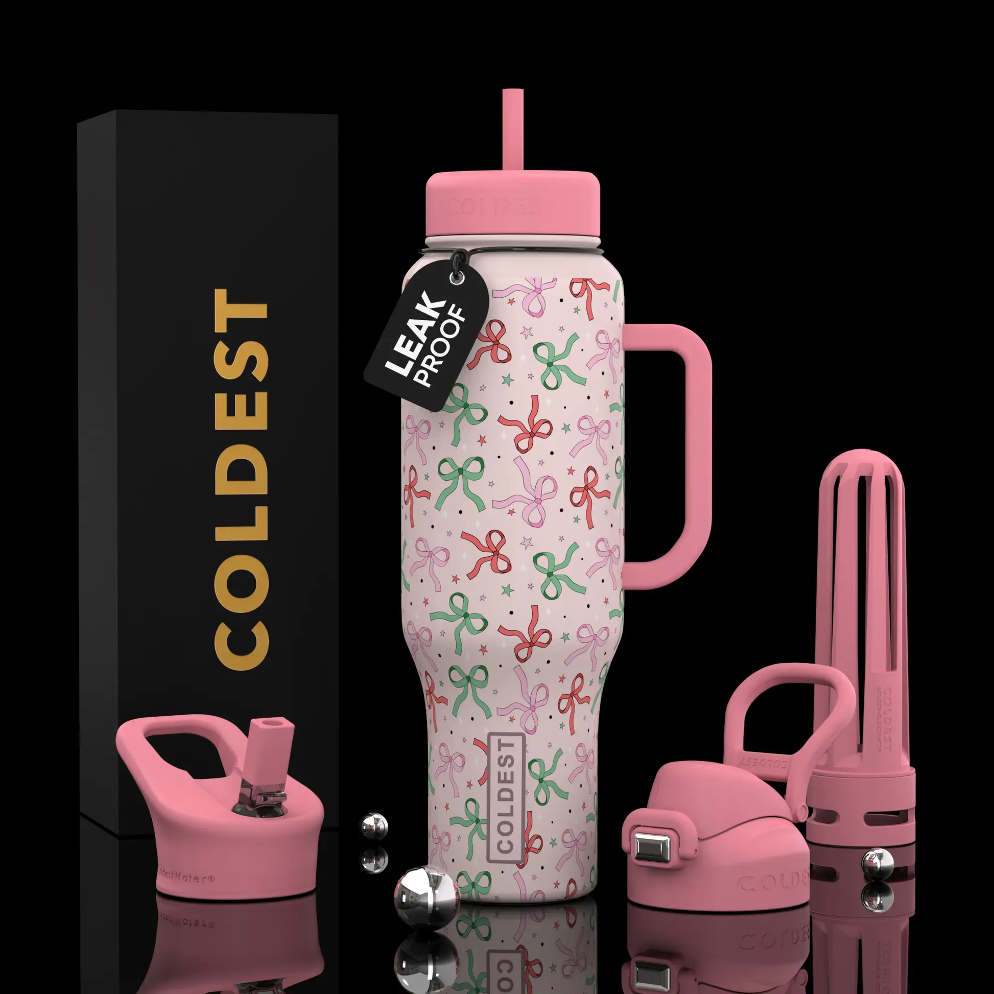 Coldest 46oz Limitless Ultra v8 water bottle with pink lid and handle, bow-wrap pattern on Tampa Home & Garden Store