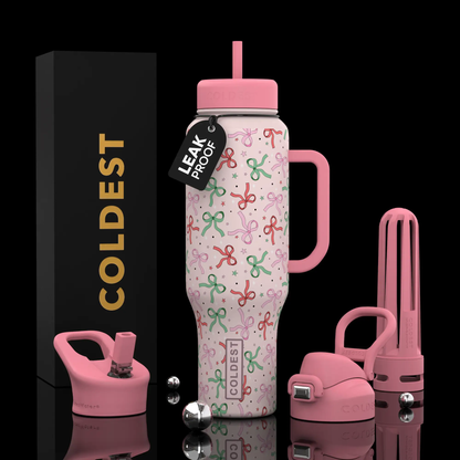 Coldest 46oz Limitless Ultra v8 water bottle with pink lid and handle, bow-wrap pattern on Tampa Home & Garden Store