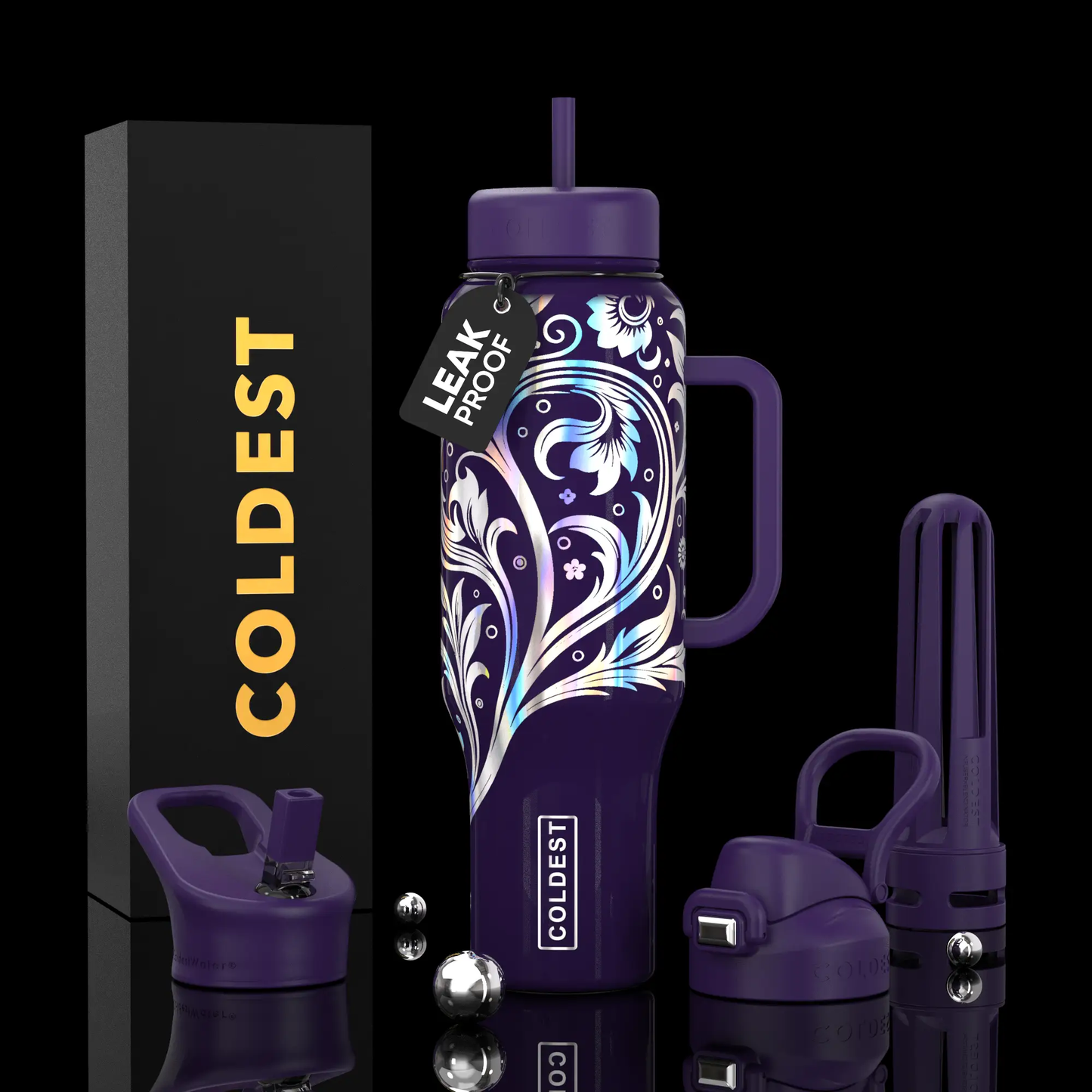 Coldest 46oz Limitless Ultra v8 water bottle purple lid, floral pattern, leak-proof straw lid on Tampa Home & Garden Store