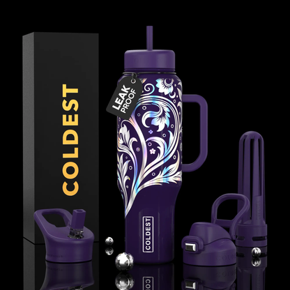 Coldest 46oz Limitless Ultra v8 water bottle purple lid, floral pattern, leak-proof straw lid on Tampa Home & Garden Store