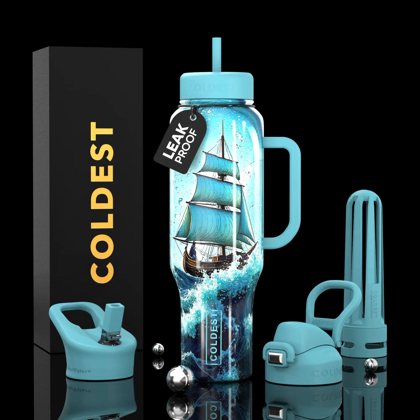 Coldest 46oz Limitless Ultra v8 water bottle with blue lid and ship artwork leak-proof tag on Tampa Home & Garden Store