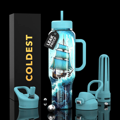 Coldest 46oz Limitless Ultra v8 water bottle with blue lid and ship artwork leak-proof tag on Tampa Home & Garden Store