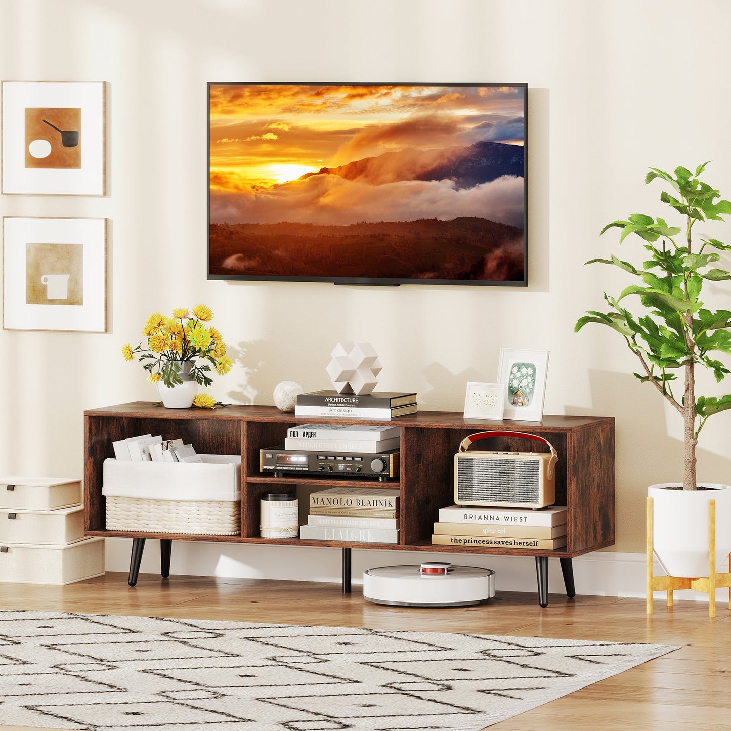 47.5 Inches TV Stand for 55-Inch TV with Compartments and Metal Legs