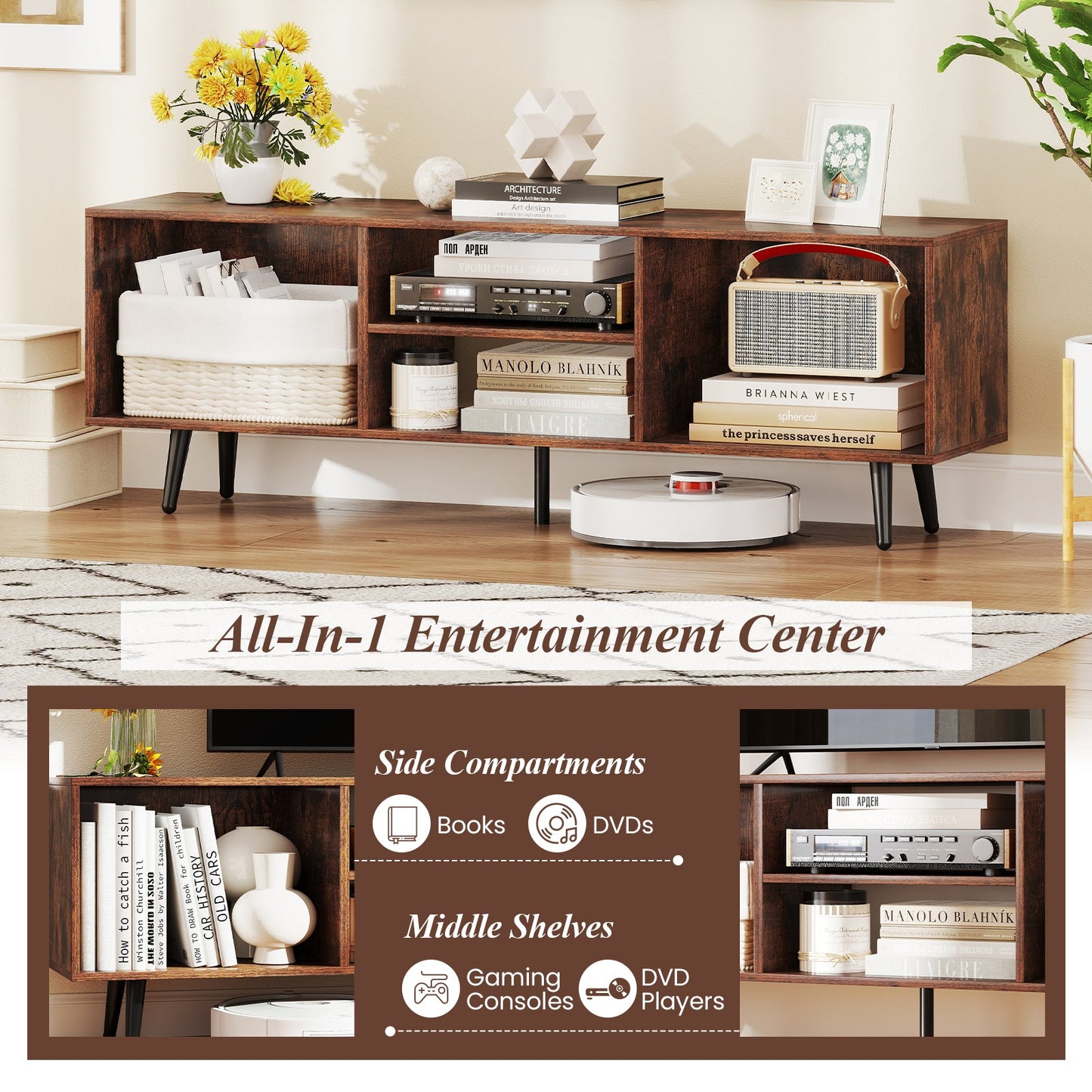 47.5 Inches TV Stand for 55-Inch TV with Compartments and Metal Legs