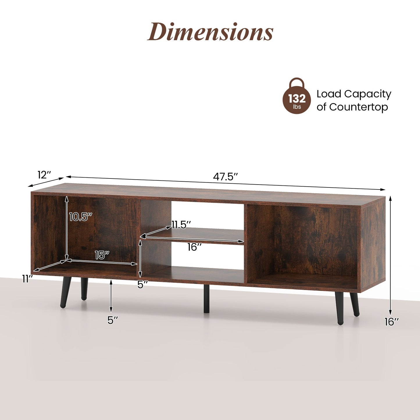 47.5 Inches TV Stand for 55-Inch TV with Compartments and Metal Legs