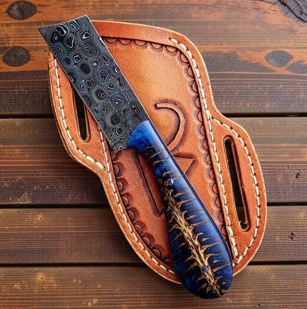 Knife Midnight Rider Damascus bull cutter with blue epoxy pinecone resin handle in leather sheath on Tampa Home & Garden Store