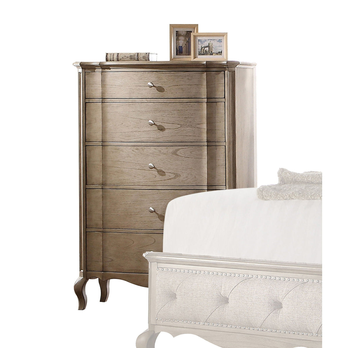 Taupe accent chest with five drawers and a felt-lined top drawer; silver knobs on Tampa Home & Garden Store