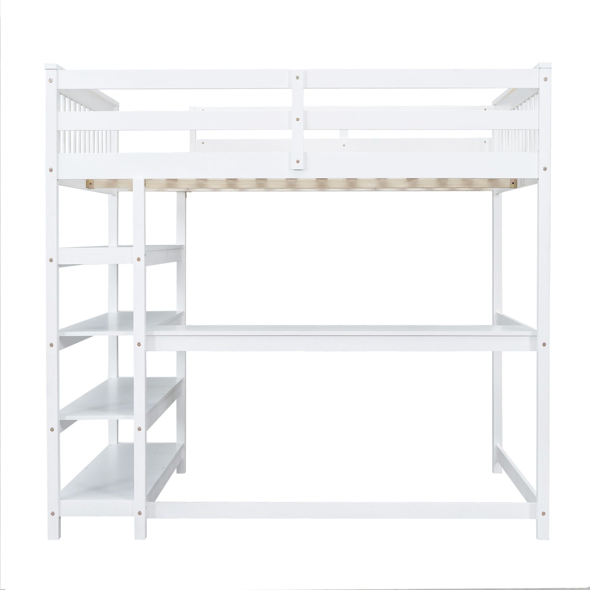 Loft bed with storage stairs and under-bed desk in white, solid wood frame on Tampa Home & Garden Store