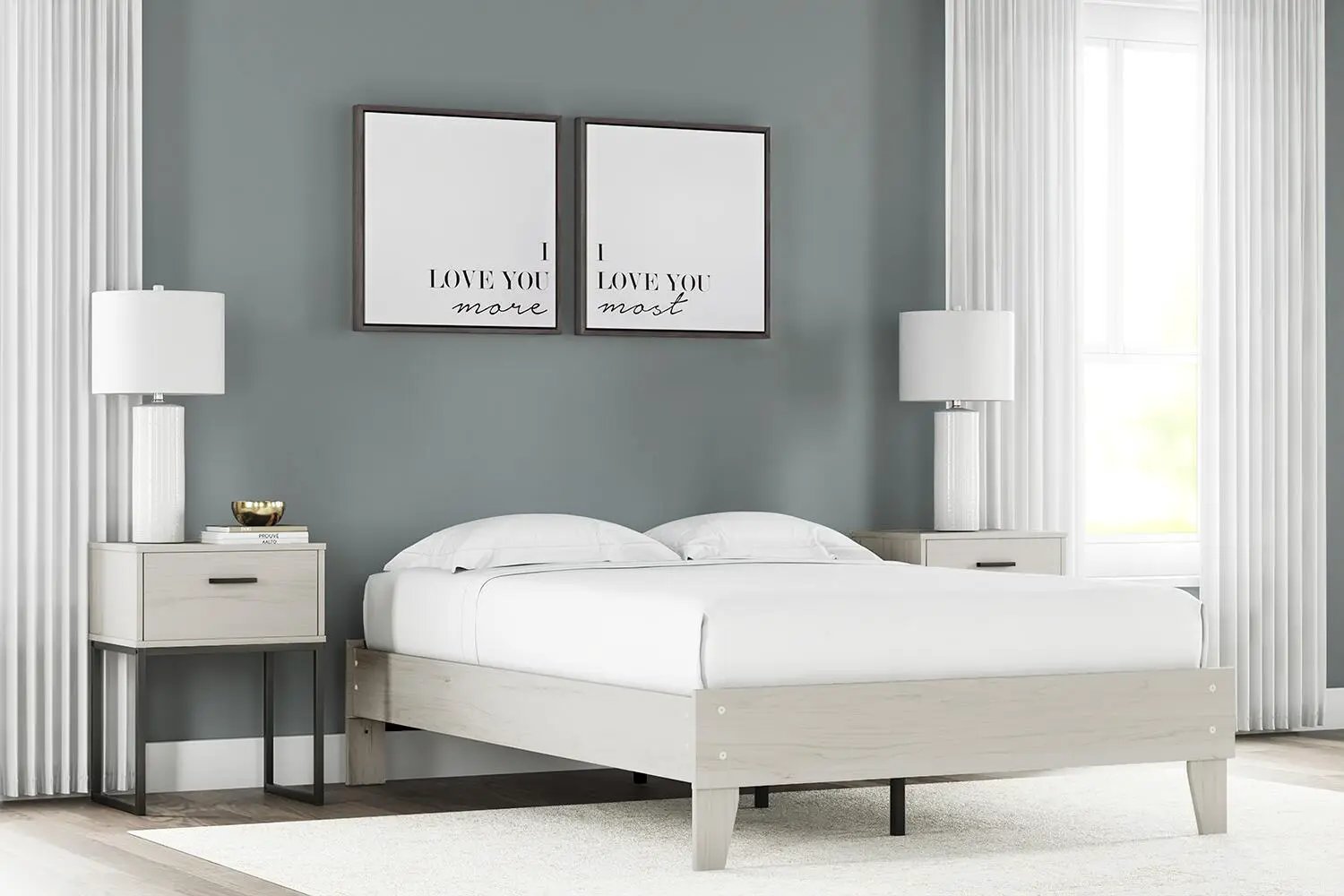 Socalle platform bed by Unique Piece Furniture in light wood with two nightstands on Tampa Home & Garden Store