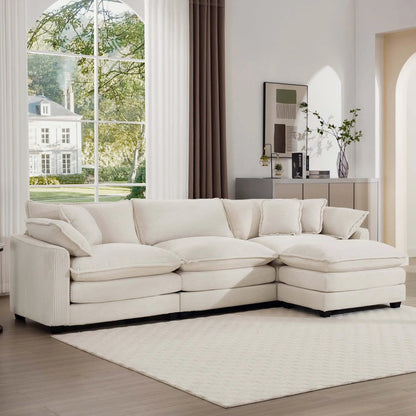 Modern oversized modular cushion sofa with ottoman in ivory fabric, deep seating, low back on Tampa Home & Garden Store