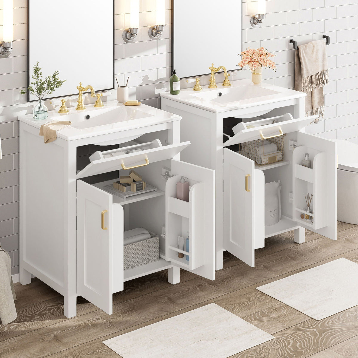 Modern Bathroom Vanity and Soft Close Cabinet pair in white with gold hardware and open drawers on Tampa Home & Garden Store