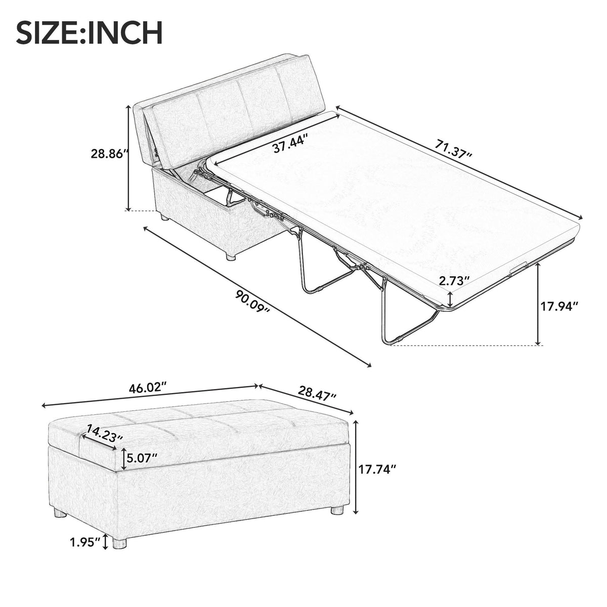 Twin size folding ottoman sleeper bed with mattress in light gray fabric by HouseOfZazla on Tampa Home & Garden Store