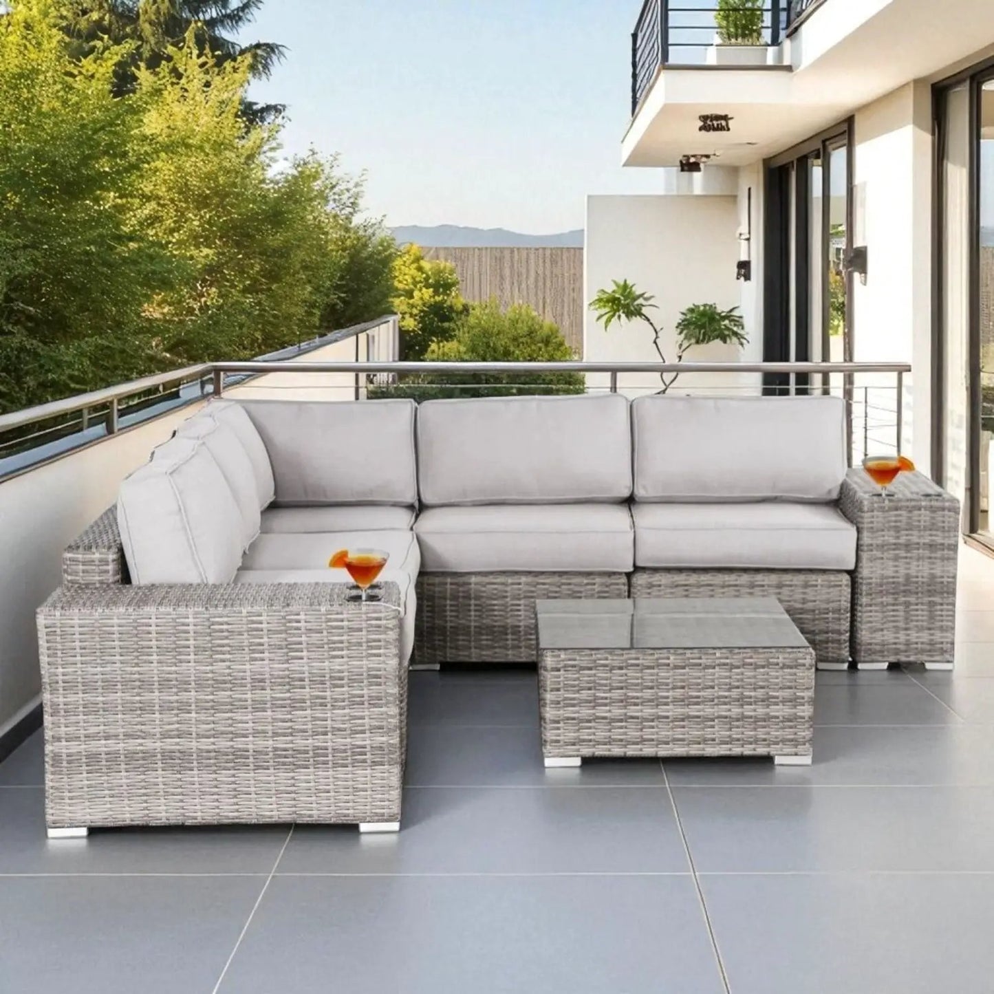 Modern patio rattan sectional set with light gray cushions and glass top, 2-piece set on Tampa Home & Garden Store