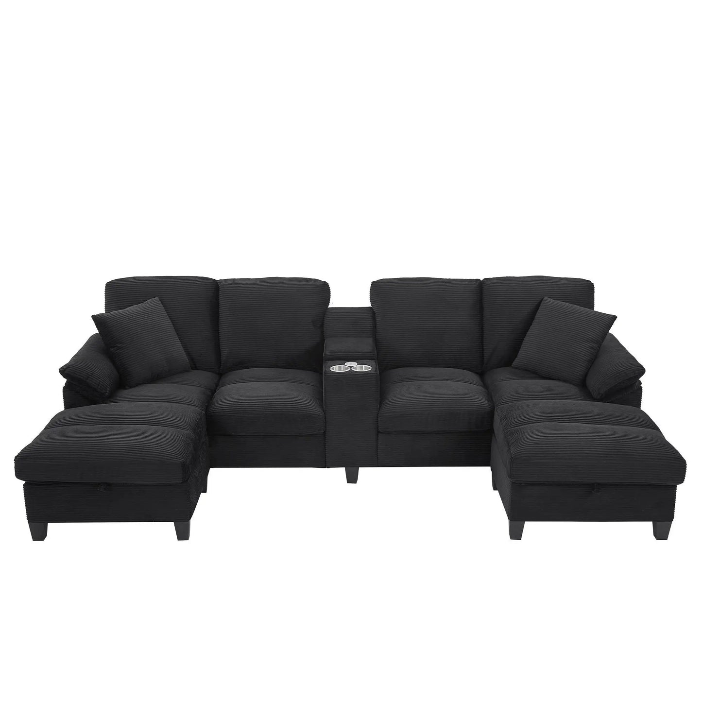 Modern black fabric U-shaped sectional with storage ottomans and cupholder console, 3-piece set on Tampa Home & Garden Store