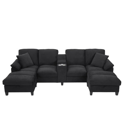 Modern black fabric U-shaped sectional with storage ottomans and cupholder console, 3-piece set on Tampa Home & Garden Store