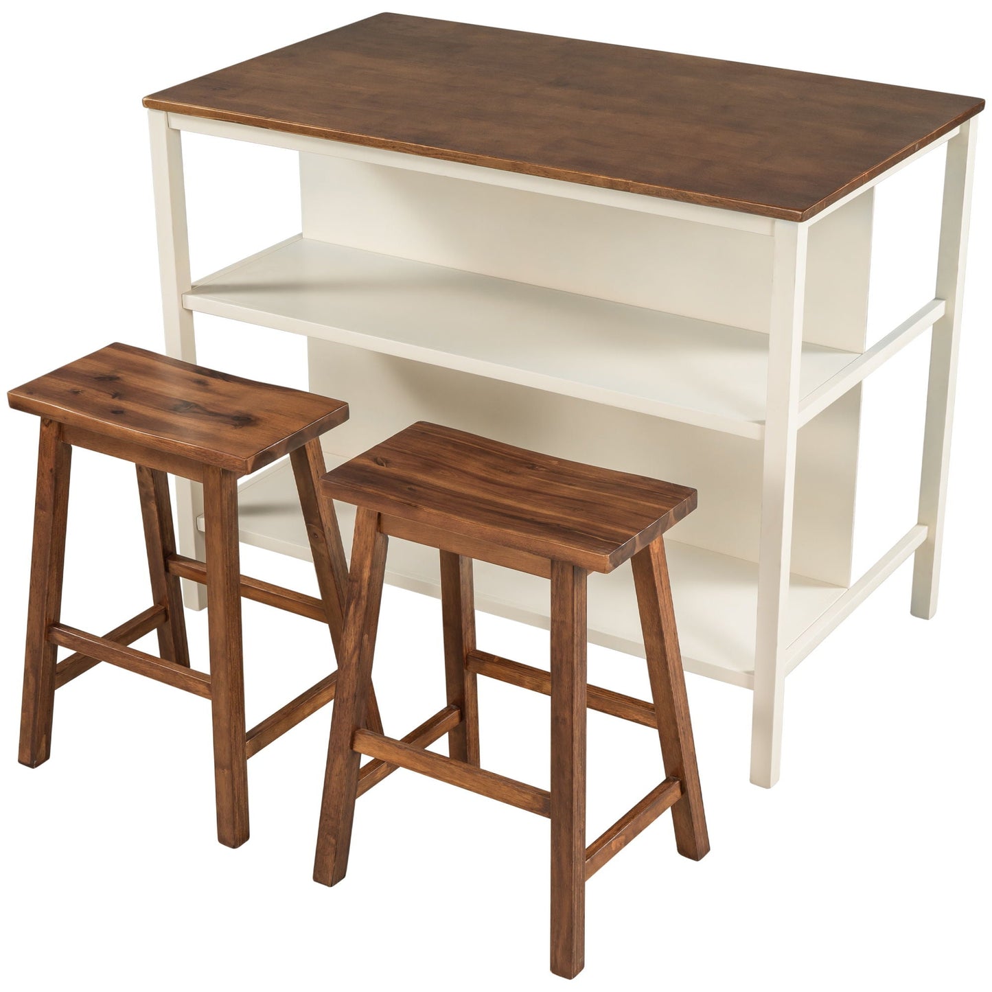 Rustic Kitchen Island and Two Wooden Bar Stools