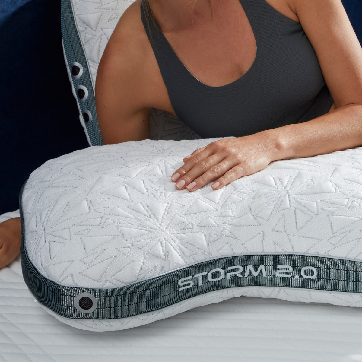 BedGear Storm Cuddle Curve Pillow 2.0 backrest pillow with white quilt cover and teal edge strap on Tampa Home & Garden Store