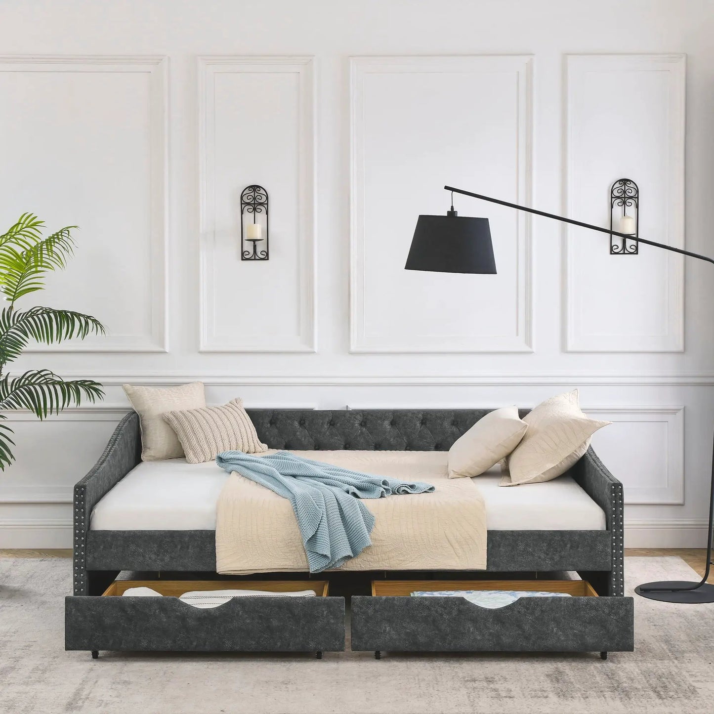 Upholstered Tufted Daybed With Drawers Waved Arms