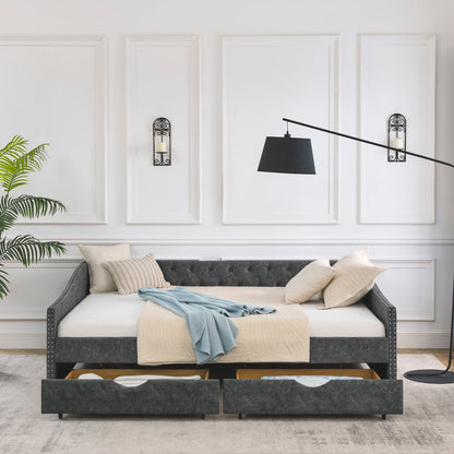 Upholstered tufted daybed with 2 drawers in dark gray fabric on Tampa Home & Garden Store