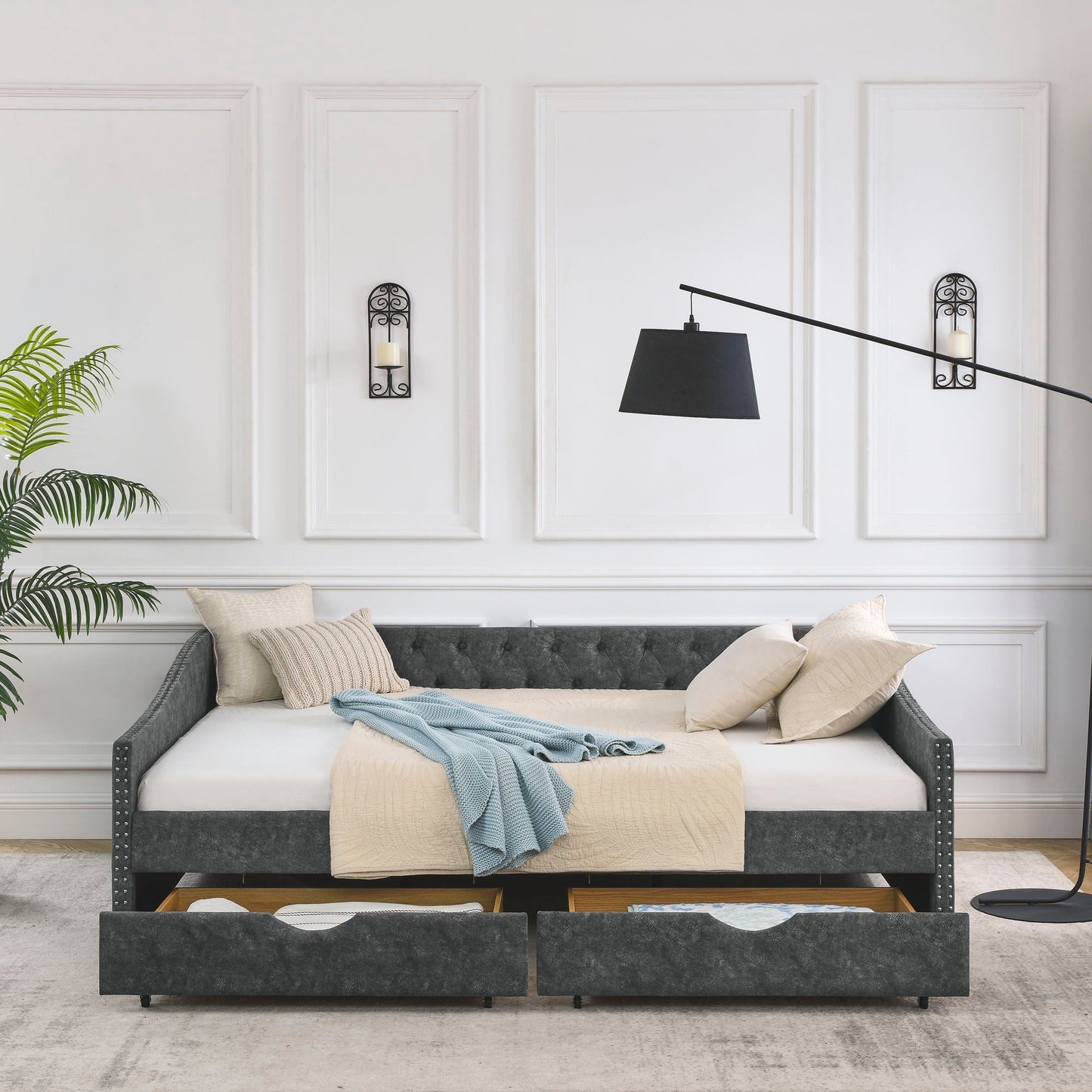 Upholstered Tufted Daybed and Storage Drawers