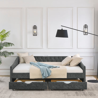 Upholstered Tufted Daybed and Storage Drawers
