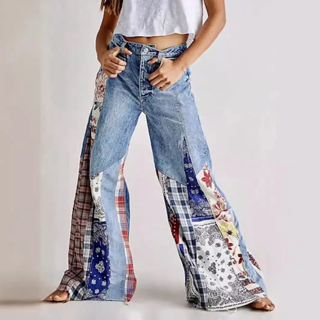 Retro Denim Stitching Button High Waist Wide-Leg Jeans with patchwork panels FLIPSTYLEZLLC on Tampa Home & Garden Store