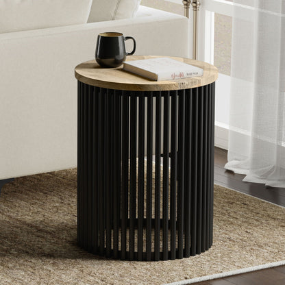 Demy Side Table round natural wood top with black slatted base; mug and book on surface on Tampa Home & Garden Store