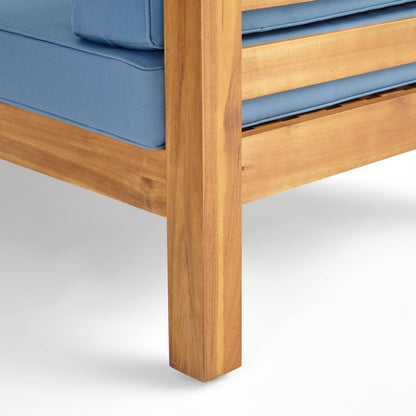 Outdoor acacia wood patio chair with blue fabric cushion by HouseOfZazla on Tampa Home & Garden Store