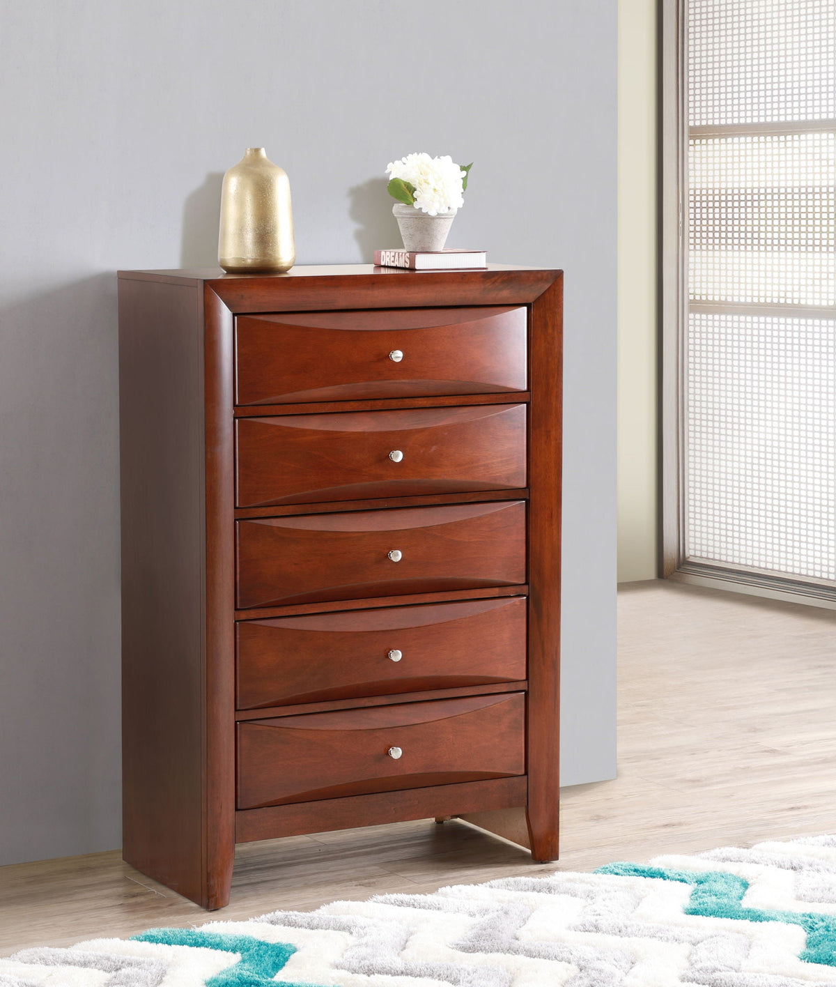 Accent Chest with molded resin drawers in cherry finish and silver knobs on top on Tampa Home & Garden Store