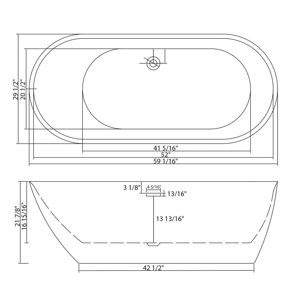 White acrylic freestanding soaking bathtub by HouseOfZazla with dimensioned drawing on Tampa Home & Garden Store