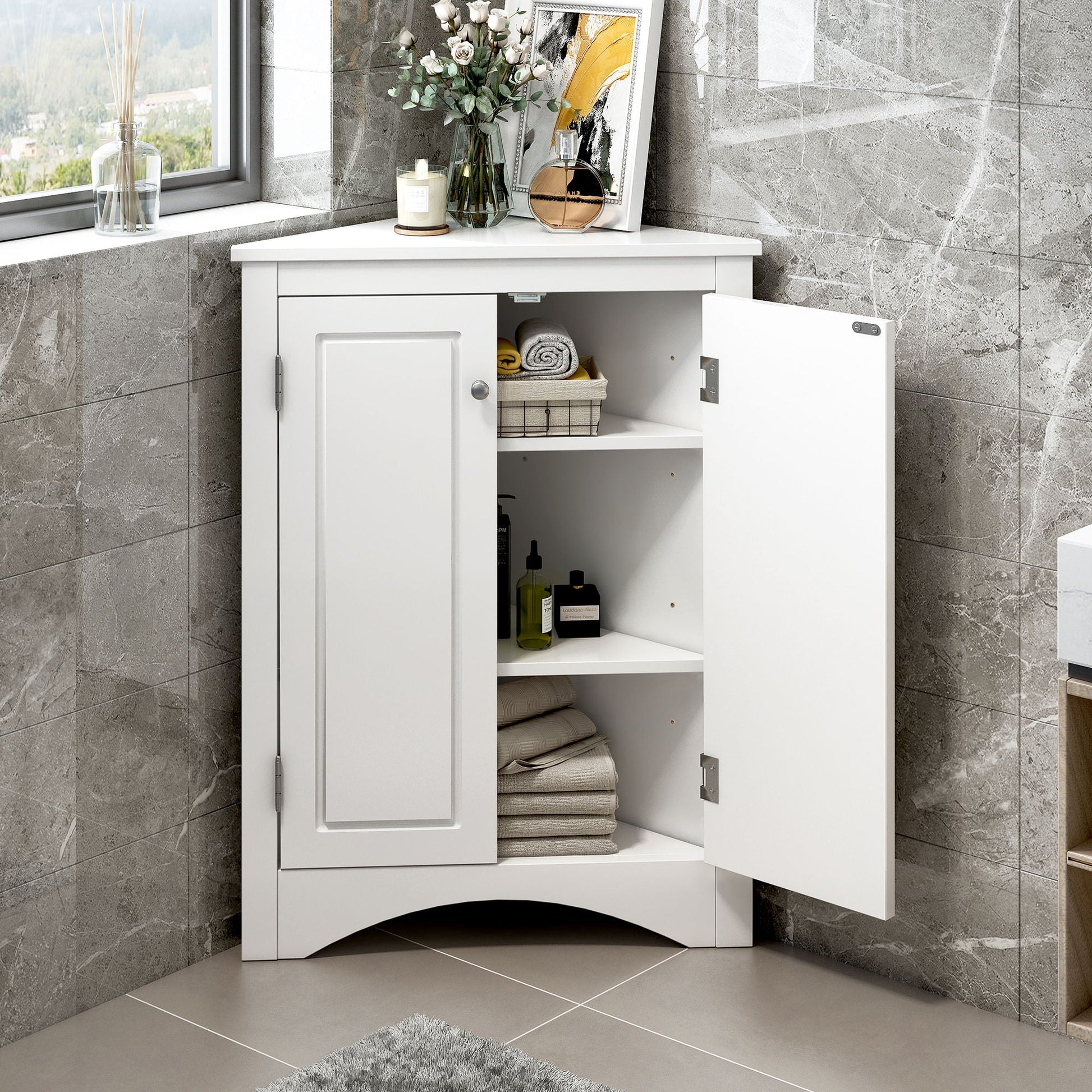 Triangle bathroom storage cabinet by HouseOfZazla with adjustable shelves white finish open door shows towels on Tampa Home & Garden Store