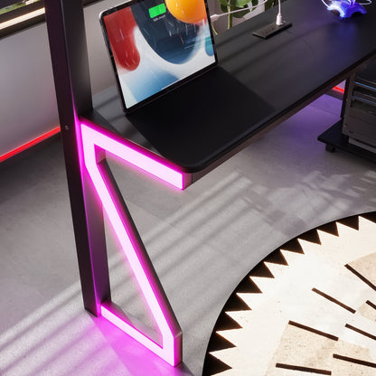 Full loft bed with L-shaped desk and USB ports, black metal frame with pink LEDs on Tampa Home & Garden Store