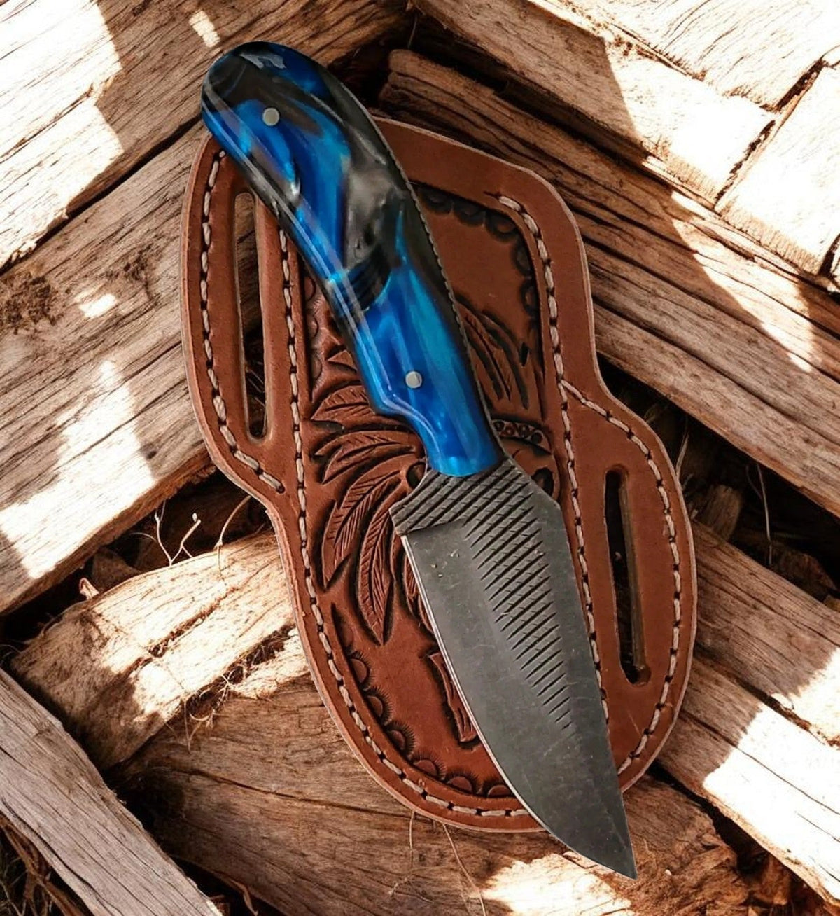 Knife The Doc Holliday by Frontier Cowboy Gear with blue epoxy resin handle and leather sheath on Tampa Home & Garden Store