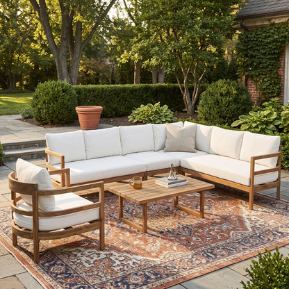 Outdoor Acacia Wood Six Seater Sectional Sofa
