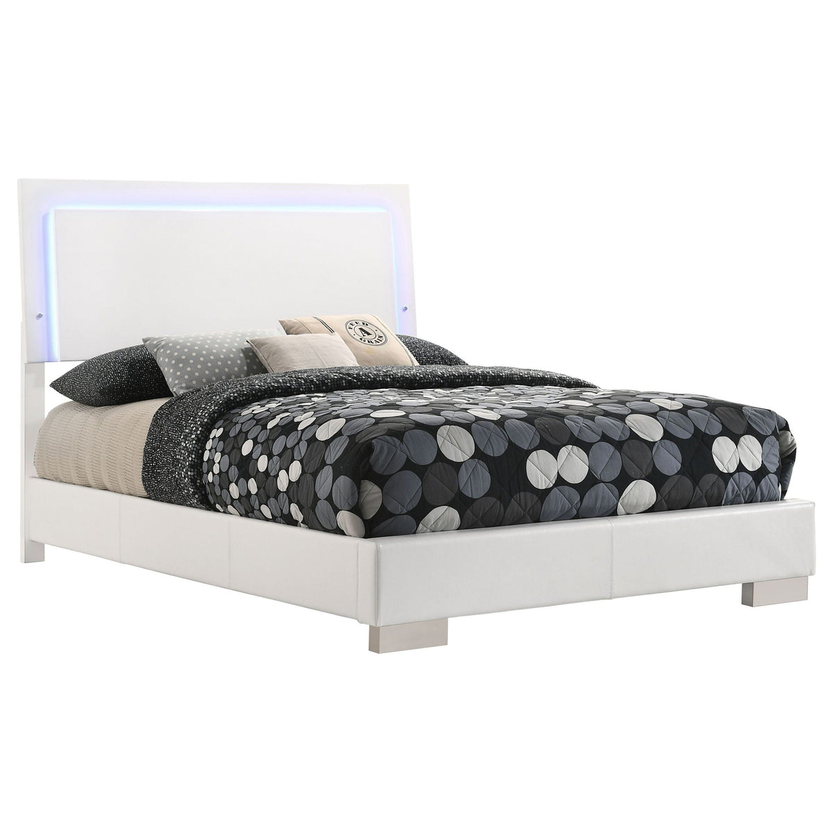 Felicity LED panel bed, upholstered white platform bed by HouseOfZazla with dot bedding on Tampa Home & Garden Store