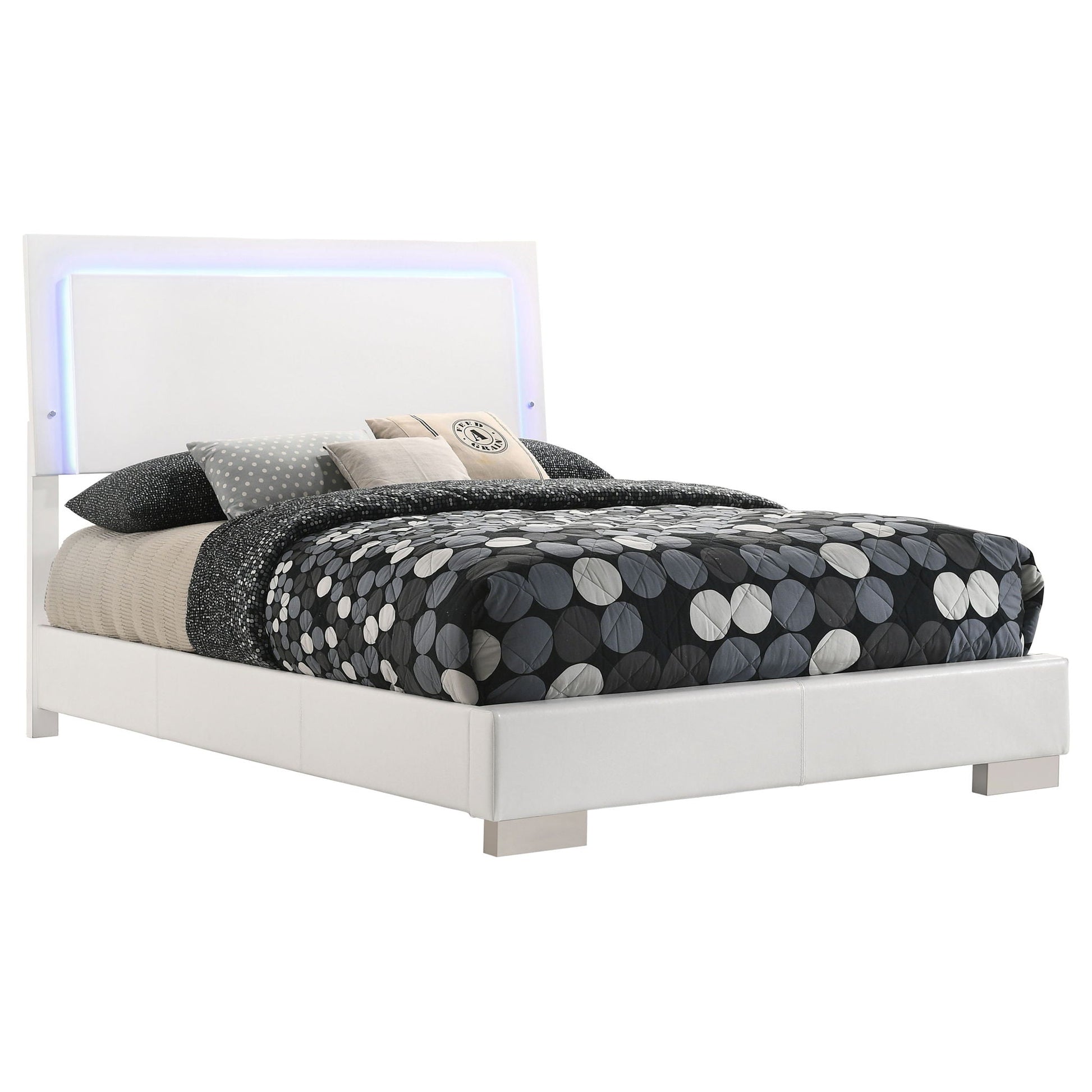 Felicity LED panel bed, upholstered white platform bed by HouseOfZazla with dot bedding on Tampa Home & Garden Store